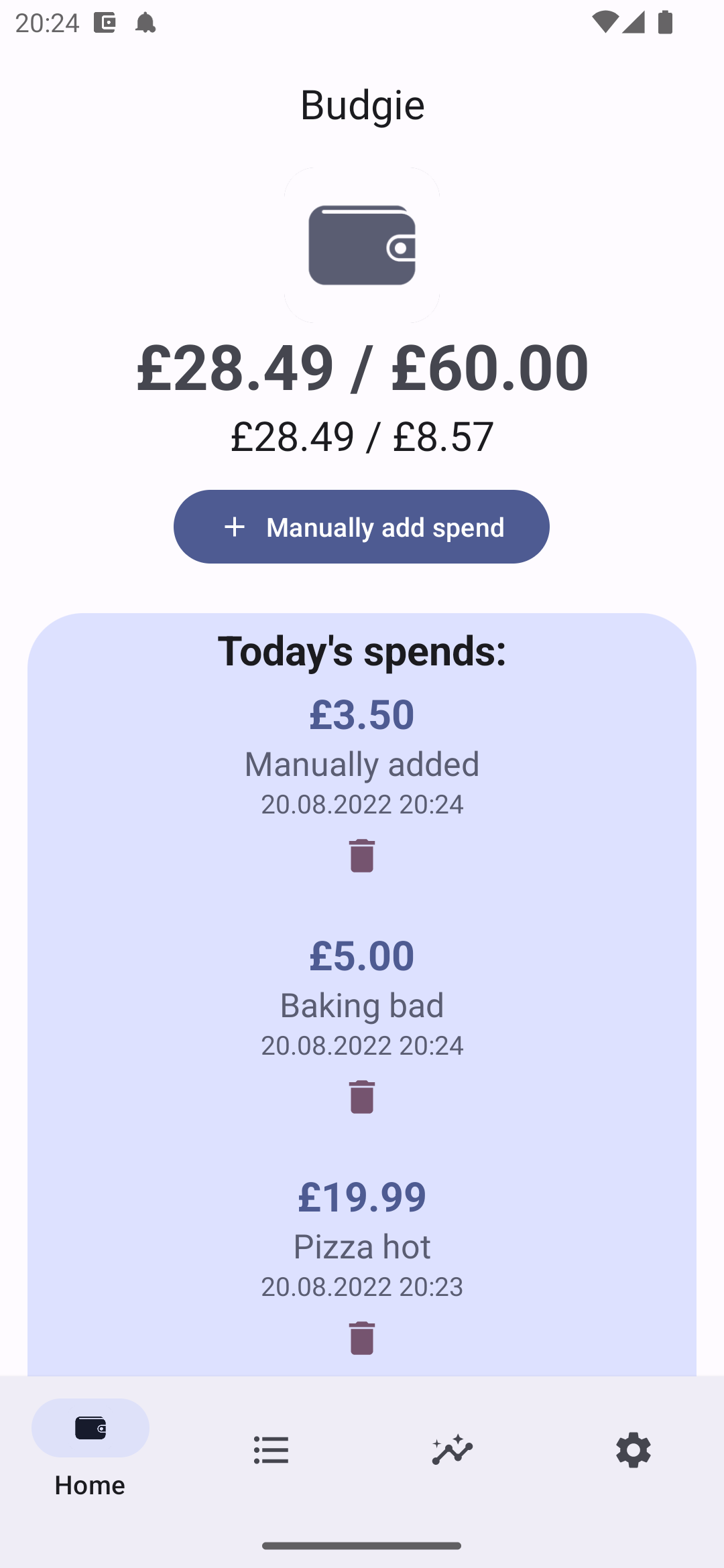 Screenshot of Weekly Budget running on a phone